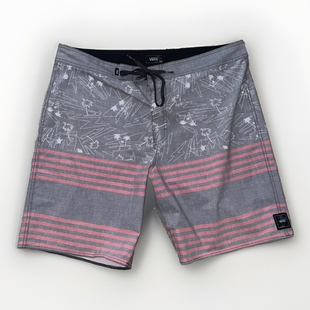 Vans Board Shorts Mens 34 Swim Trunks Stretch Surf Stripe Gray Pink Palm Trees